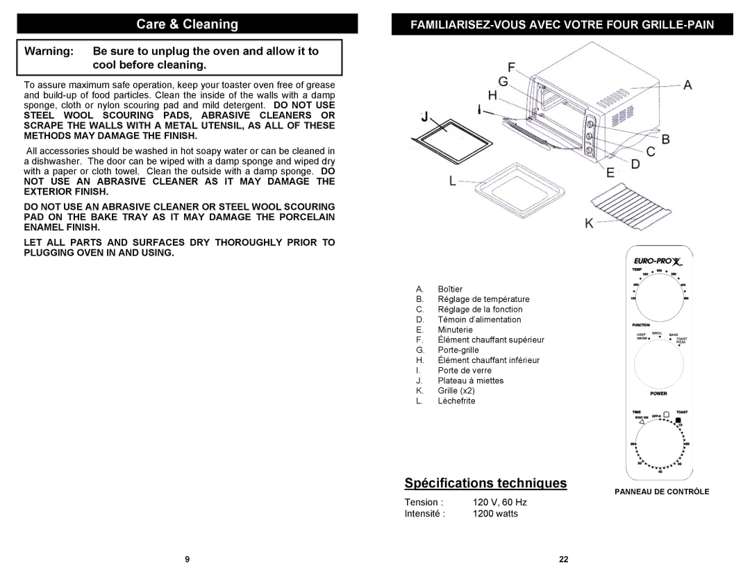 Euro-Pro TO284L owner manual Care & Cleaning, Spécifications techniques 