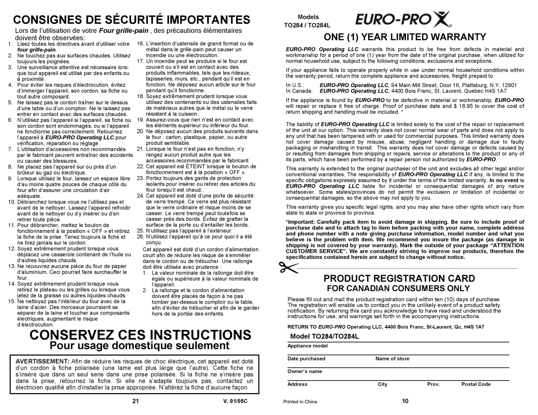 Euro-Pro owner manual Conservez CES Instructions, Model TO284/TO284L 