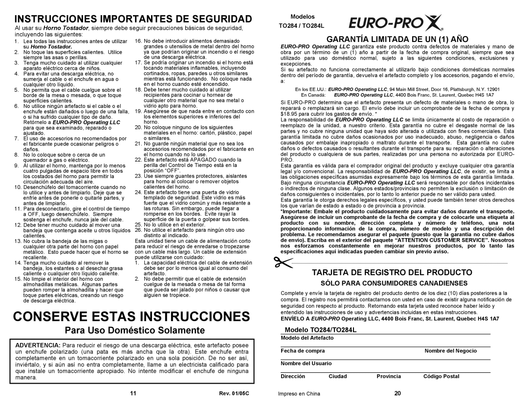 Euro-Pro TO284L owner manual Conserve Estas Instrucciones, Para Uso Doméstico Solamente 