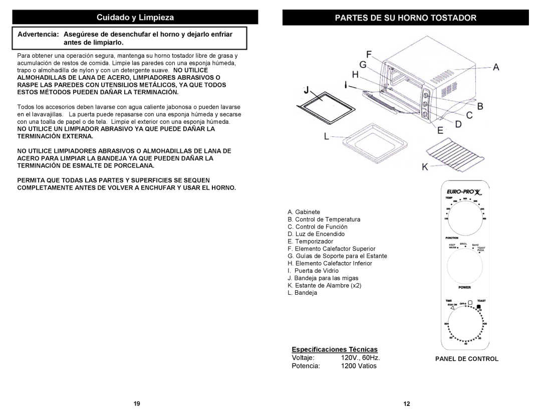 Euro-Pro TO284L owner manual Cuidado y Limpieza, Especificaciones Técnicas 