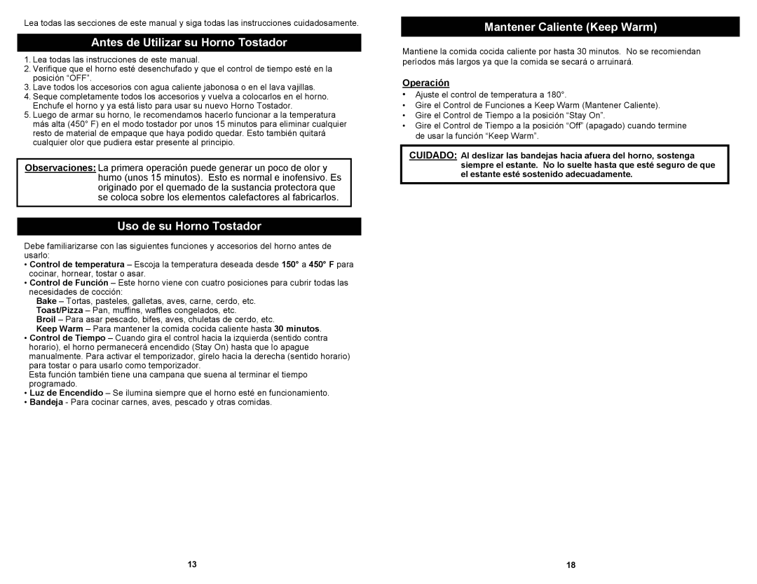 Euro-Pro TO284 Antes de Utilizar su Horno Tostador, Uso de su Horno Tostador, Mantener Caliente Keep Warm, Operación 