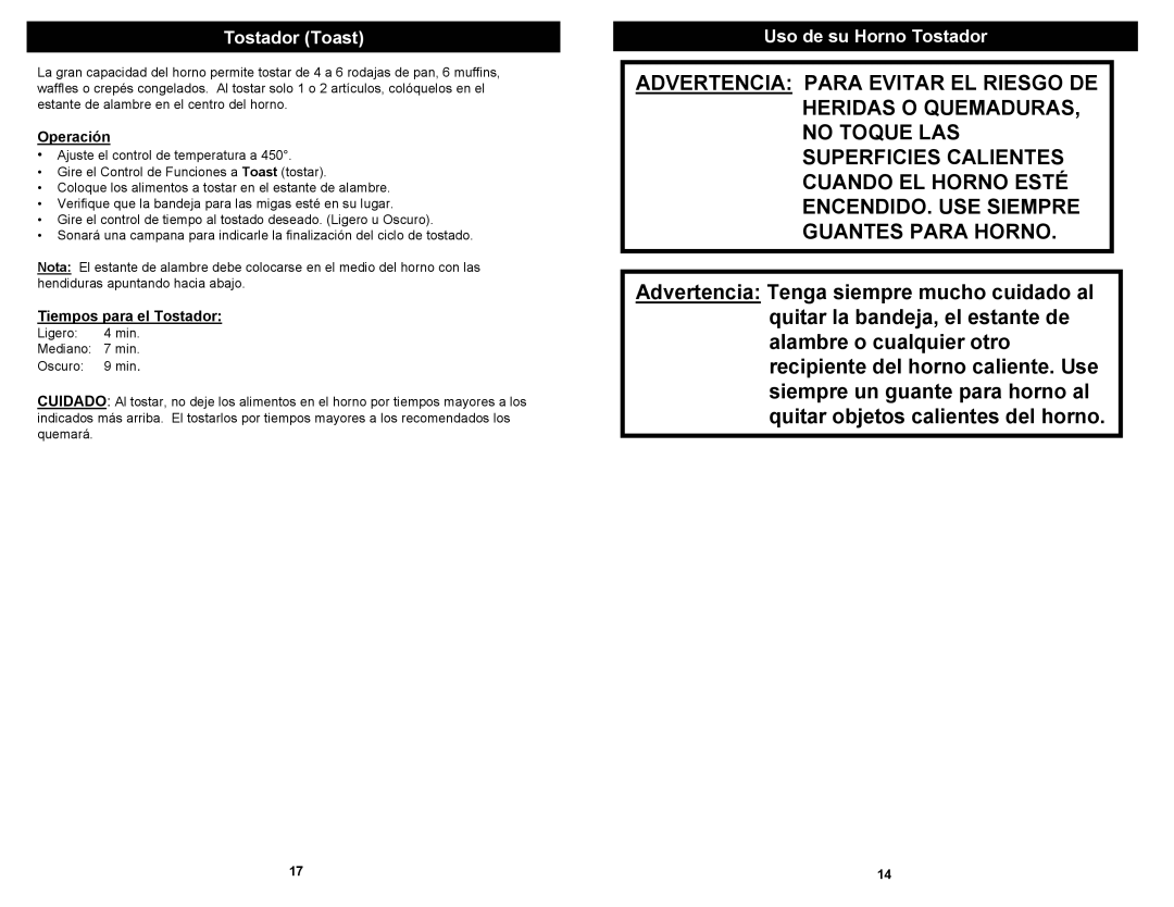 Euro-Pro TO284L owner manual Tostador Toast, Tiempos para el Tostador 