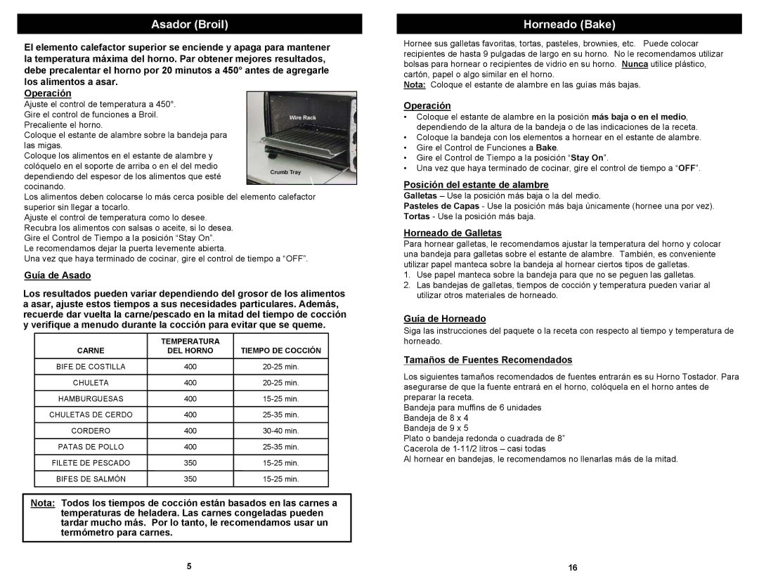 Euro-Pro TO284L owner manual Asador Broil, Horneado Bake 