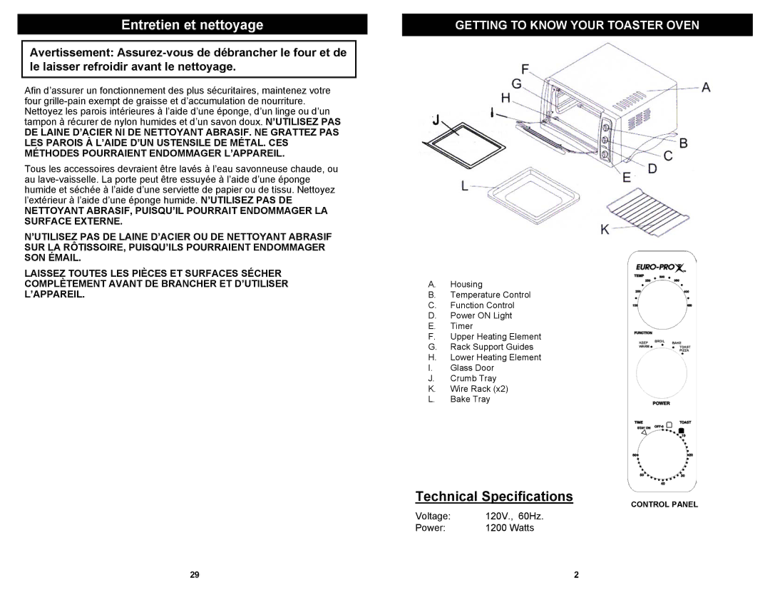 Euro-Pro TO284L owner manual Entretien et nettoyage, Technical Specifications 