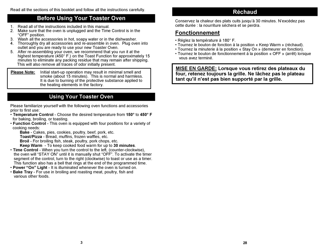 Euro-Pro TO284L owner manual Before Using Your Toaster Oven, Réchaud, Fonctionnement 