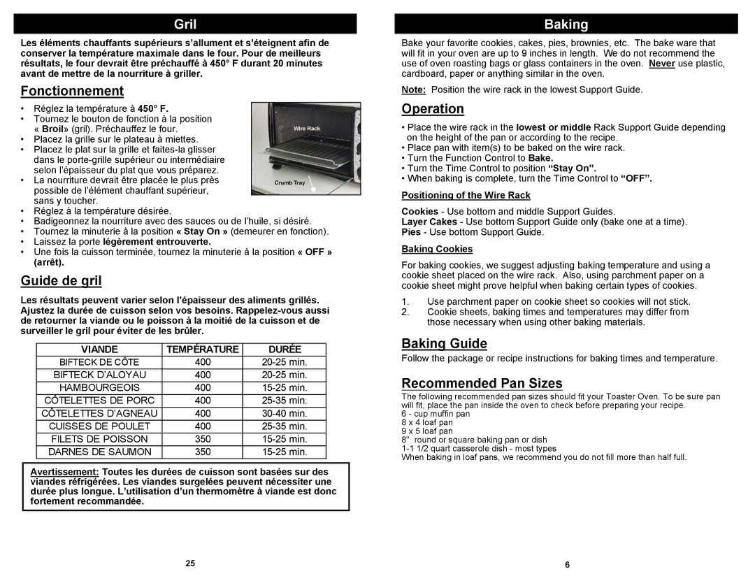 Euro-Pro TO284L owner manual Gril, Guide de gril, Baking Guide, Recommended Pan Sizes 