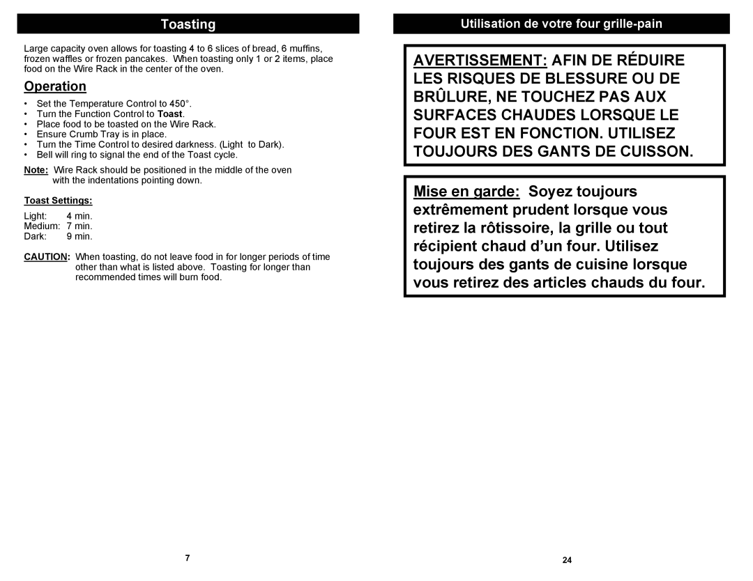 Euro-Pro TO284L owner manual Toasting, Toast Settings 