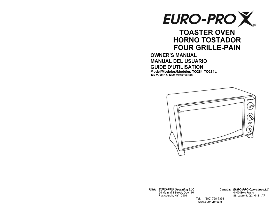 Euro-Pro TO284L owner manual Toaster Oven Horno Tostador Four Grille-Pain, Guide D’Utilisation, USA EURO-PROOperating LLC 