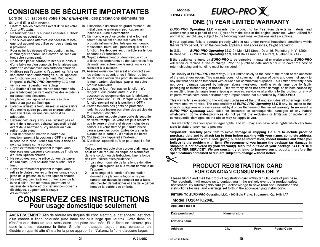 Euro-Pro TO284L owner manual Conservez Ces Instructions, Consignes De Sécurité Importantes, ONE 1 YEAR LIMITED WARRANTY 