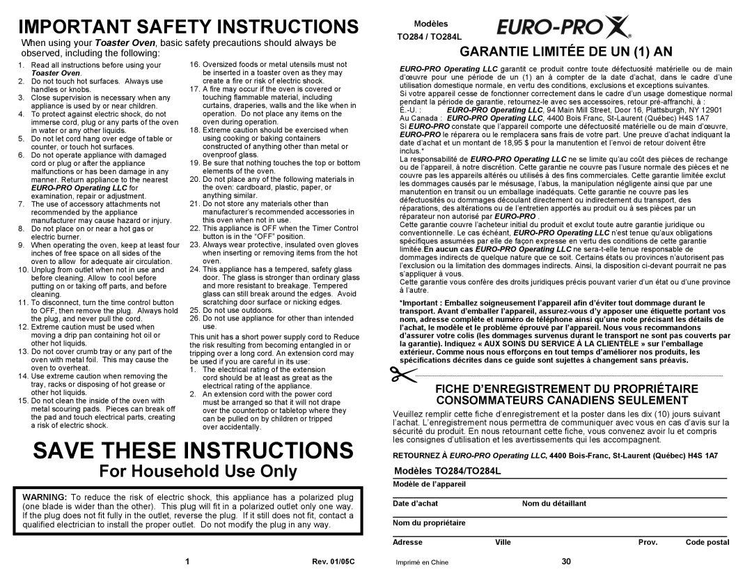 Euro-Pro TO284 Important Safety Instructions, Save These Instructions, For Household Use Only, GARANTIE LIMITÉE DE UN 1 AN 
