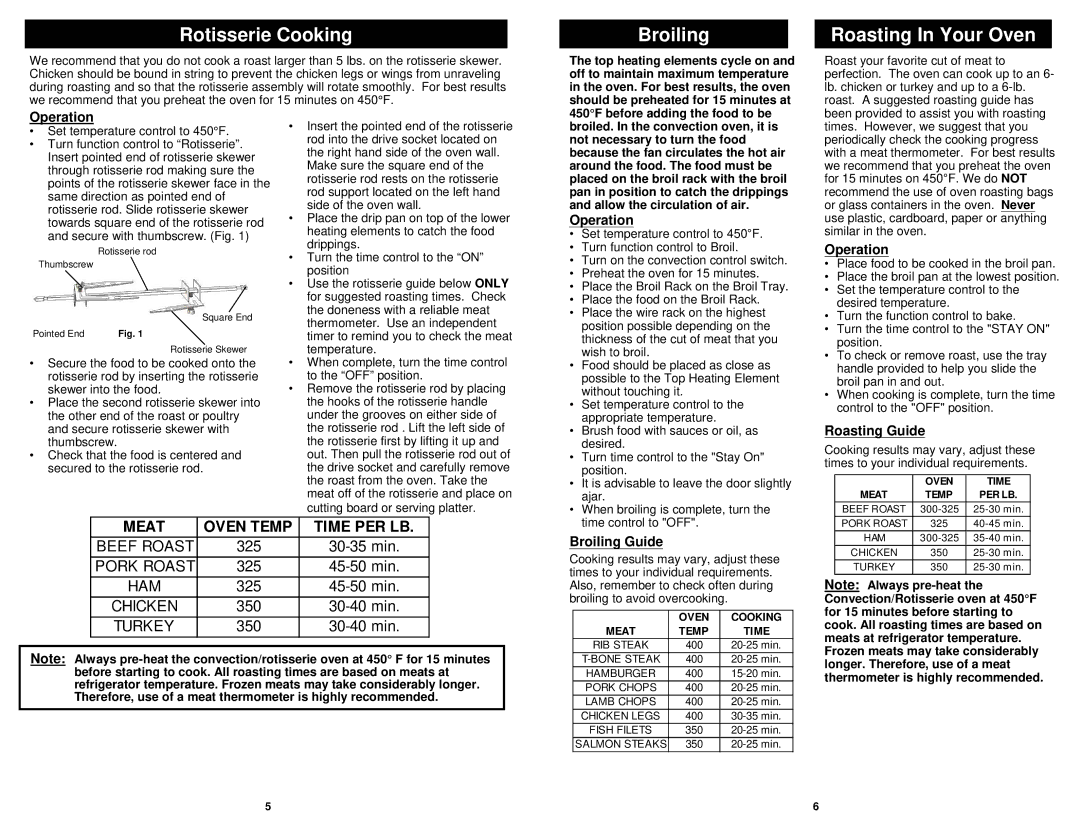 Euro-Pro TO285 N owner manual Rotisserie Cooking, Broiling, Roasting In Your Oven 