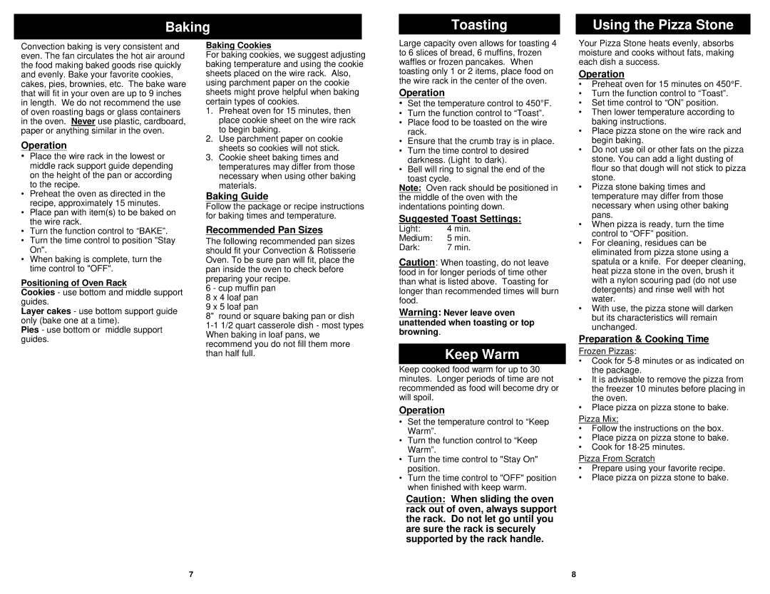Euro-Pro TO285 N owner manual Baking Toasting Using the Pizza Stone, Keep Warm 