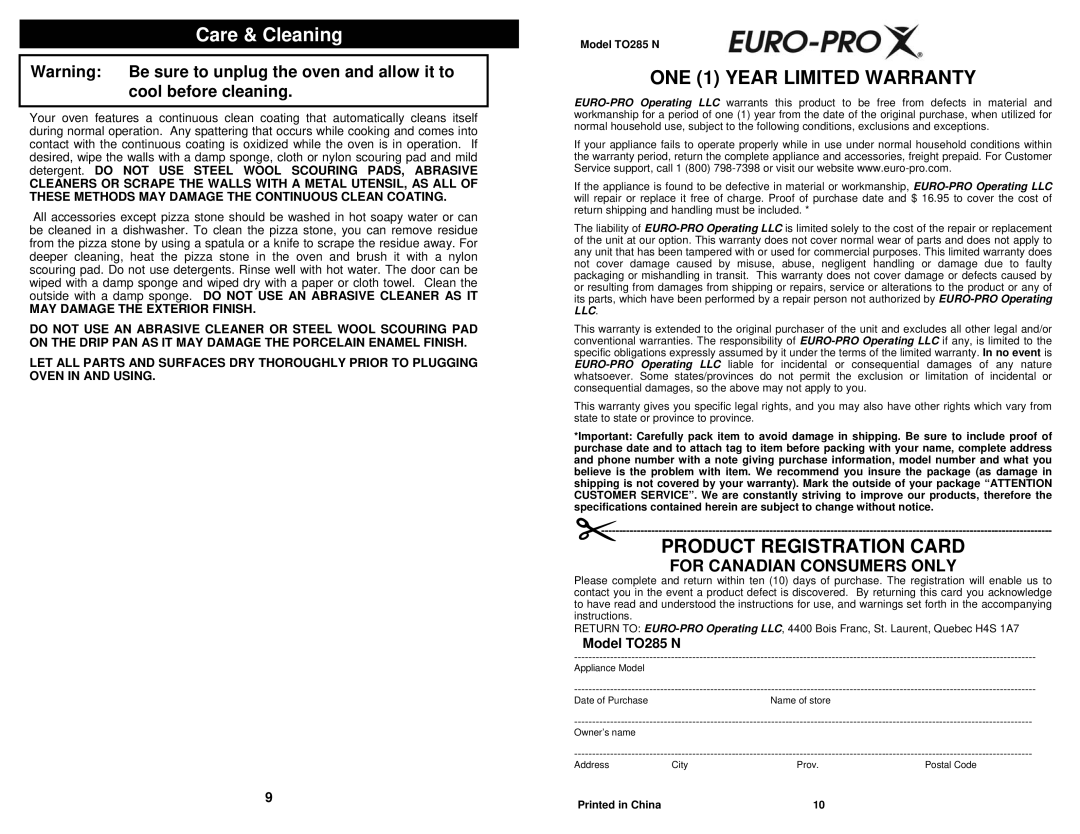 Euro-Pro TO285 N Care & Cleaning, ONE 1 YEAR LIMITED WARRANTY, Product Registration Card, For Canadian Consumers Only 