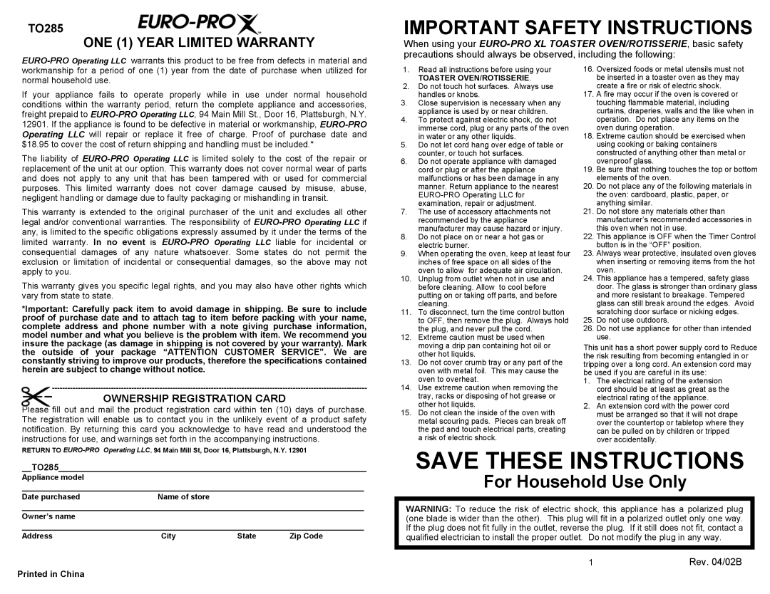 Euro-Pro TO285 owner manual Important Safety Instructions, Ownership Registration Card 