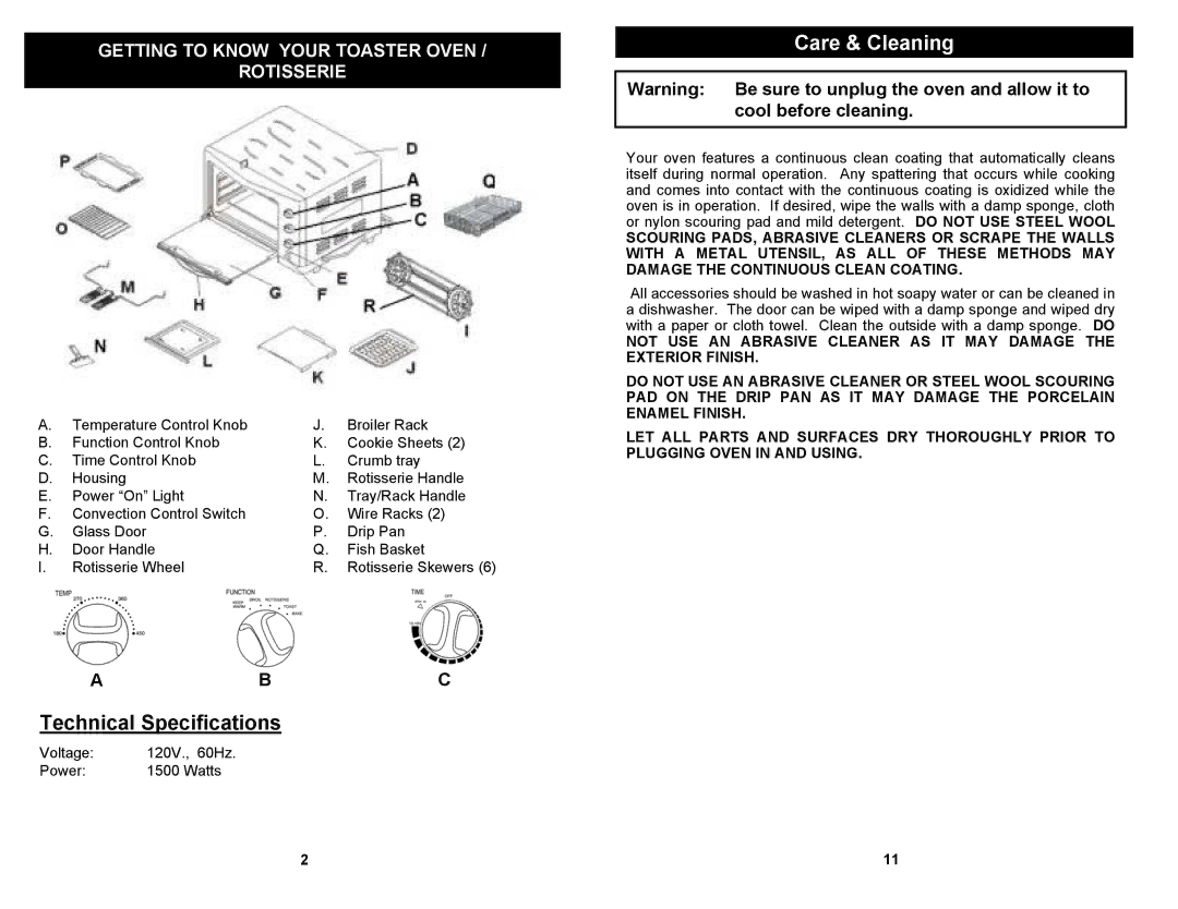 Euro-Pro TO285 owner manual Technical Specifications, Care & Cleaning 