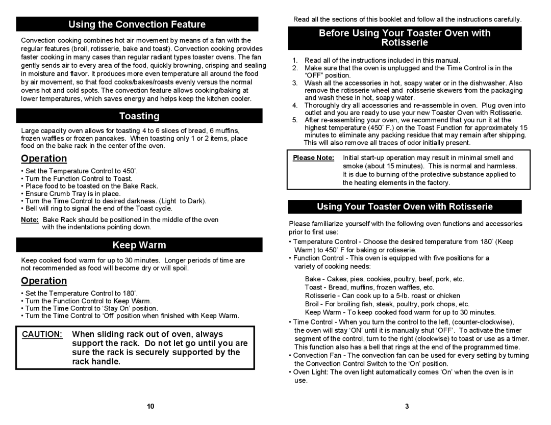 Euro-Pro TO285 owner manual Using the Convection Feature, Toasting, Operation, Keep Warm 