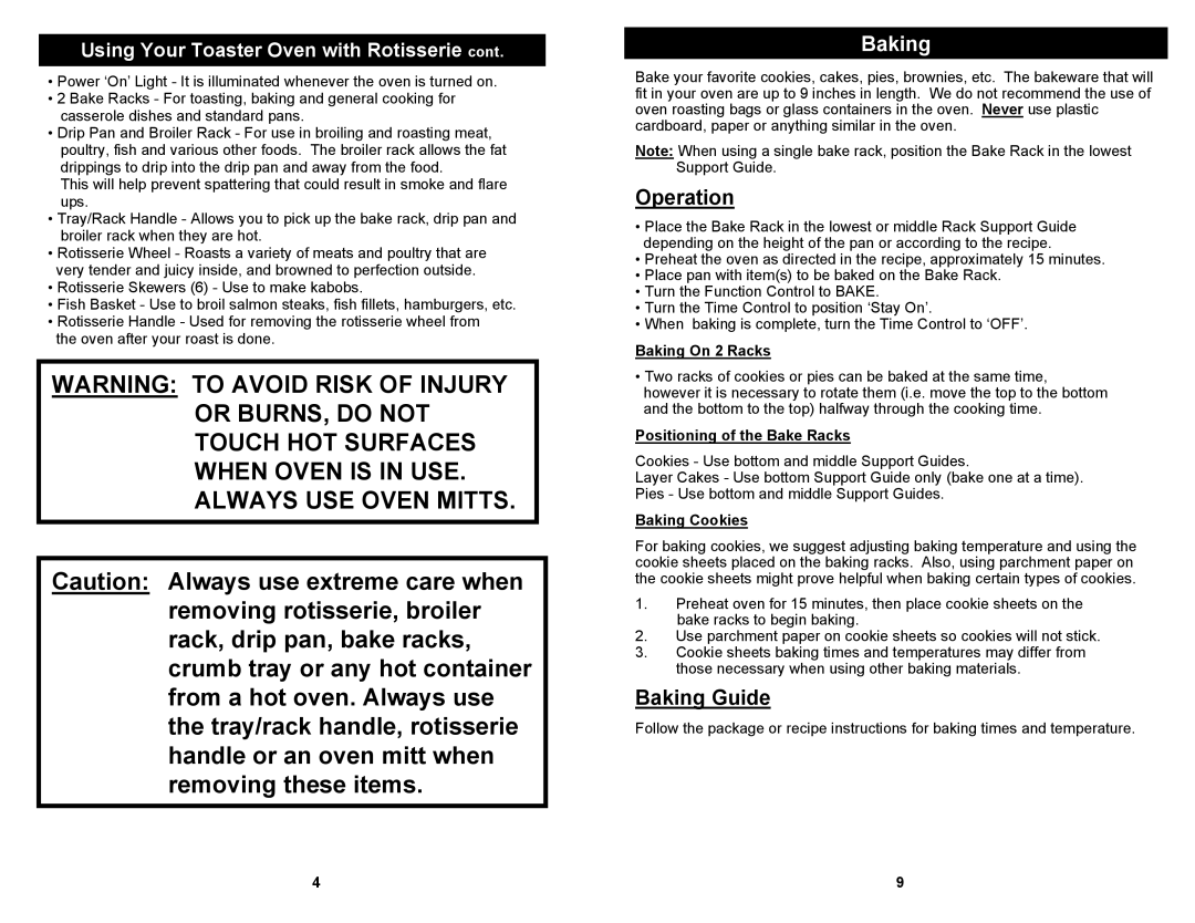 Euro-Pro TO285 owner manual Baking Guide, Baking On 2 Racks, Positioning of the Bake Racks, Baking Cookies 