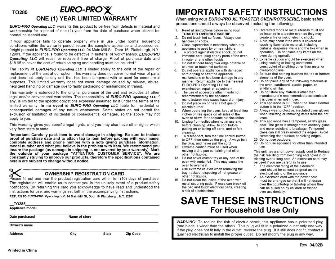 Euro-Pro TO285 For Household Use Only, Save These Instructions, Important Safety Instructions, ONE 1 YEAR LIMITED WARRANTY 