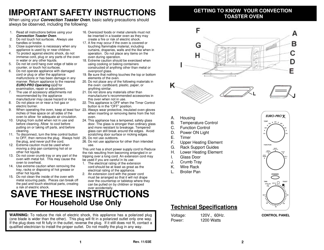 Euro-Pro TO289 owner manual Important Safety Instructions, Technical Specifications 