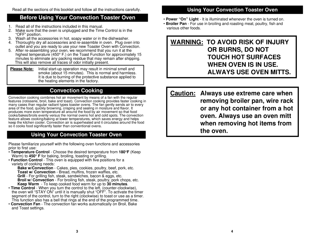 Euro-Pro TO289 owner manual Before Using Your Convection Toaster Oven, Convection Cooking 