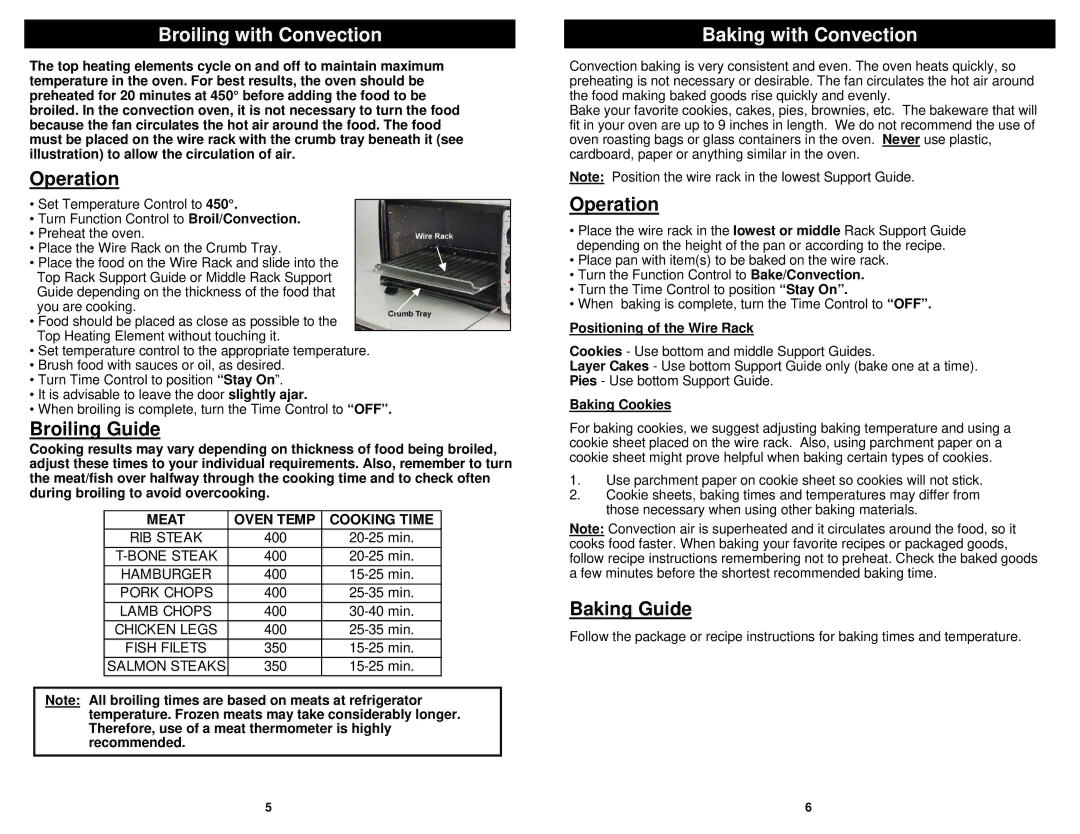 Euro-Pro TO289 owner manual Broiling with Convection, Operation, Broiling Guide, Baking with Convection, Baking Guide 