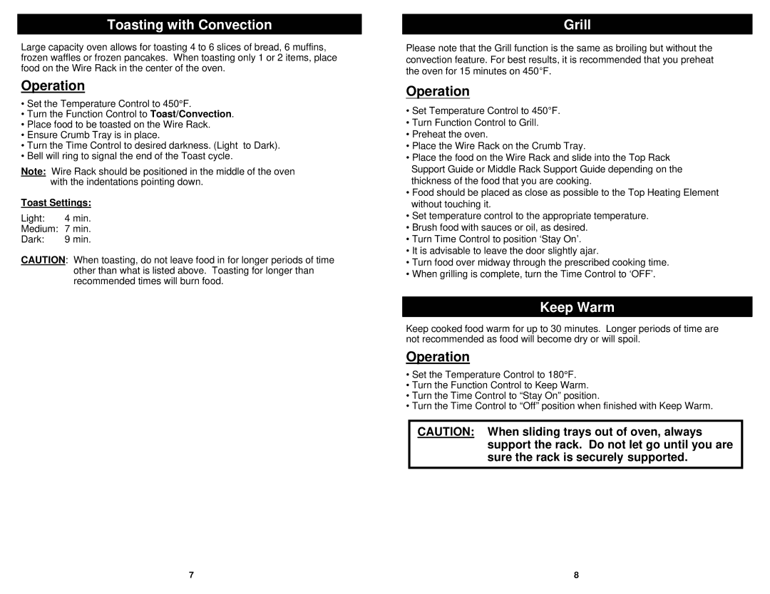 Euro-Pro TO289 owner manual Toasting with Convection, Grill, Keep Warm 