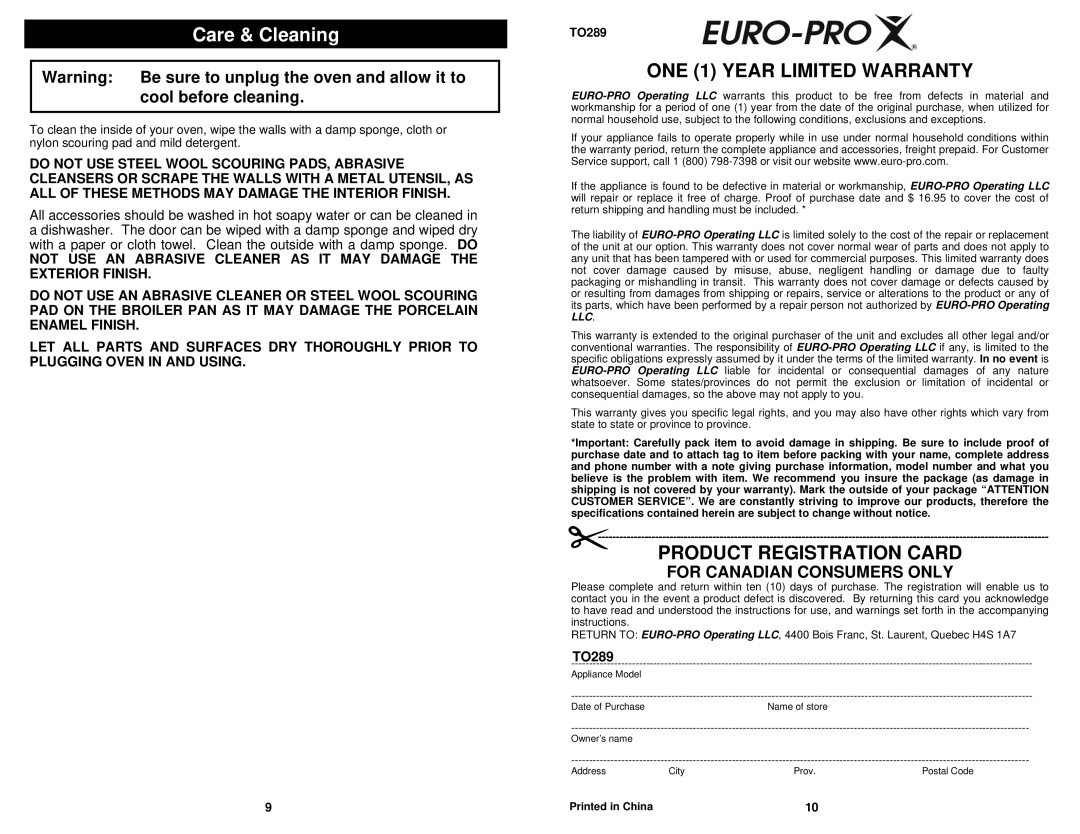 Euro-Pro TO289 owner manual Care & Cleaning, ONE 1 Year Limited Warranty 