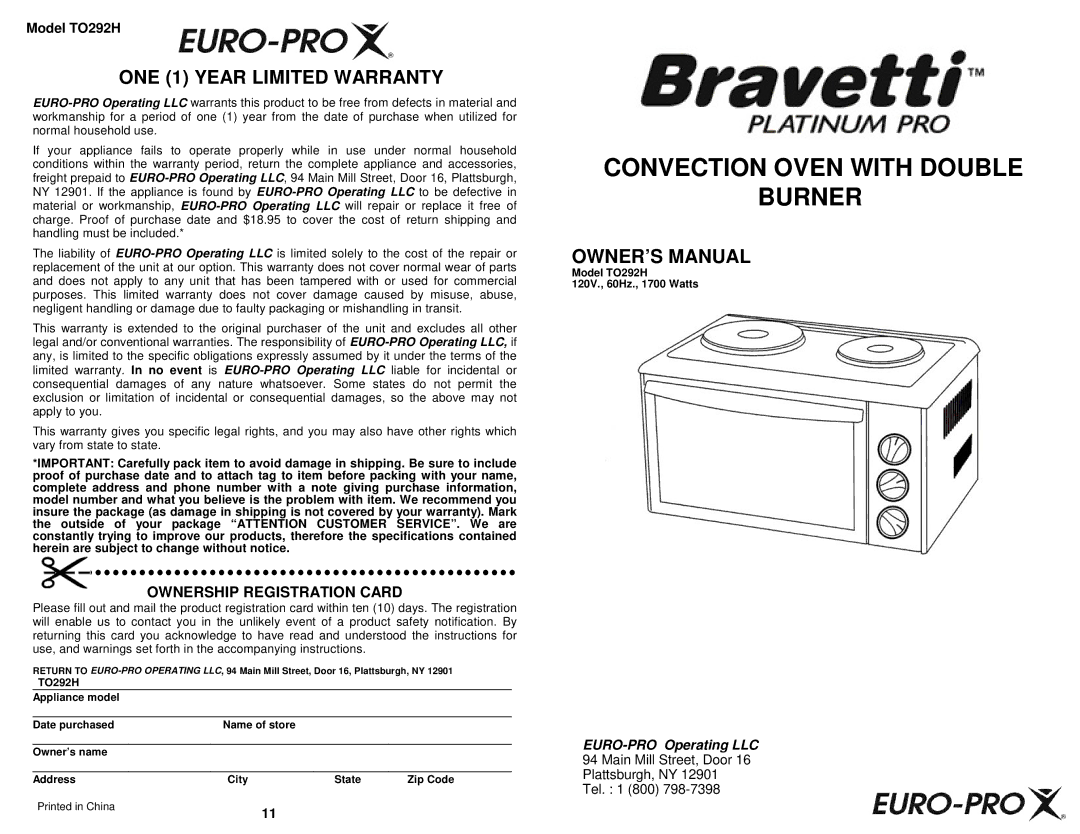 Euro-Pro owner manual Ownership Registration Card, Model TO292H 