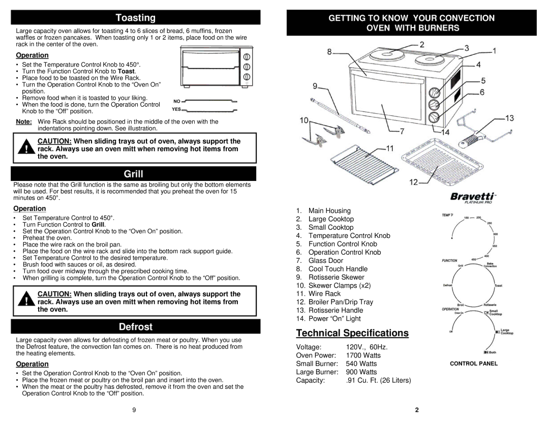 Euro-Pro TO292H owner manual Toasting, Grill, Defrost 