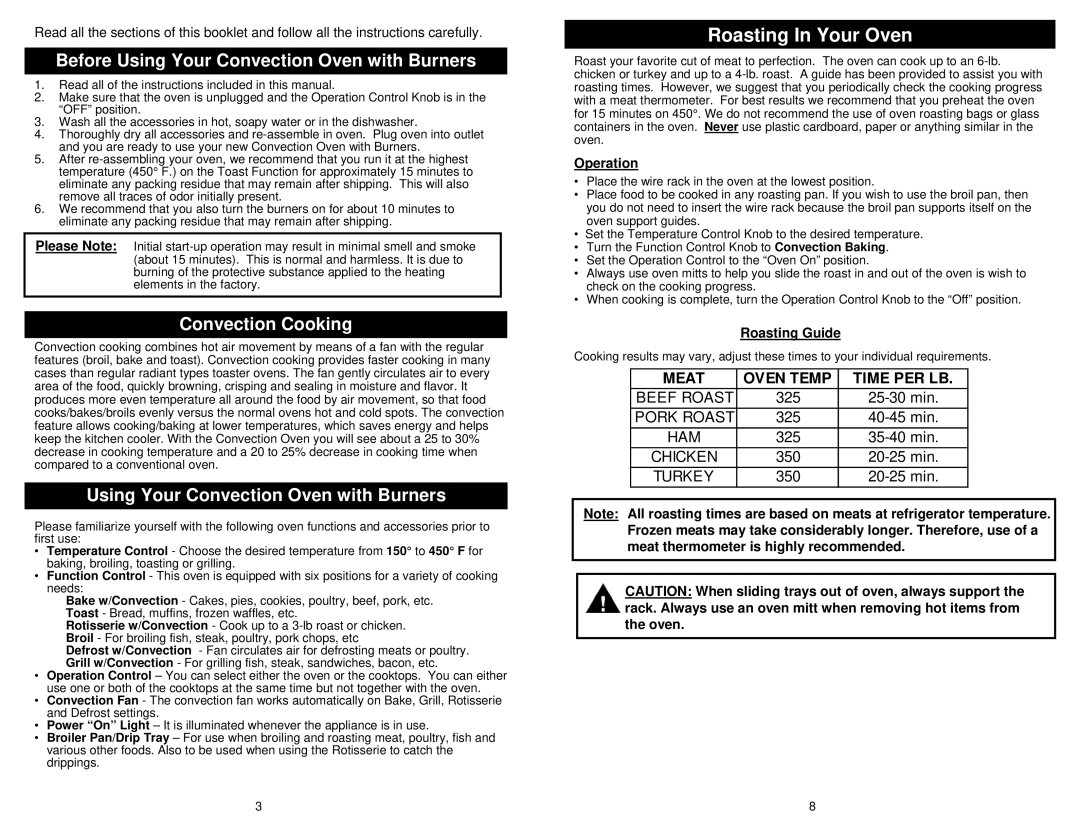 Euro-Pro TO292H owner manual Roasting In Your Oven, Roasting Guide 