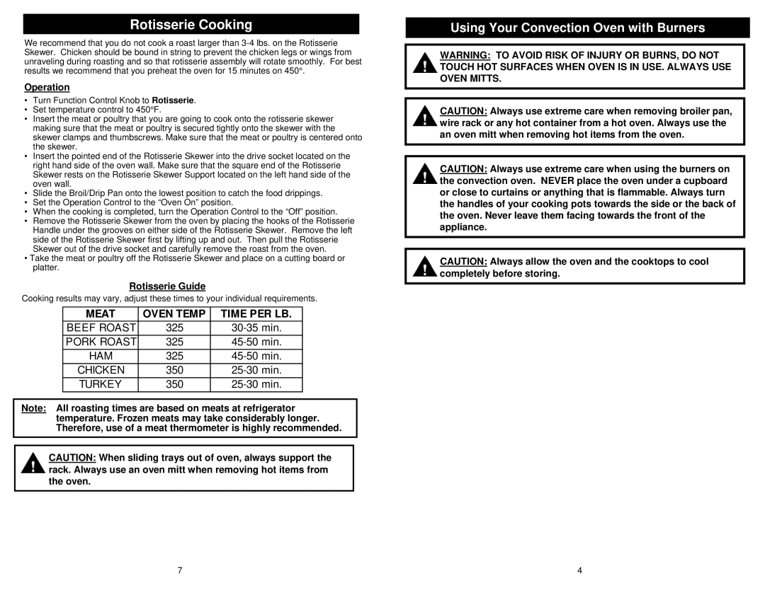 Euro-Pro TO292H owner manual Rotisserie Cooking, Rotisserie Guide 