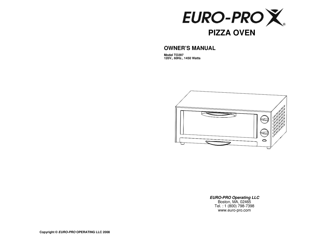 Euro-Pro TO297 owner manual Pizza Oven 