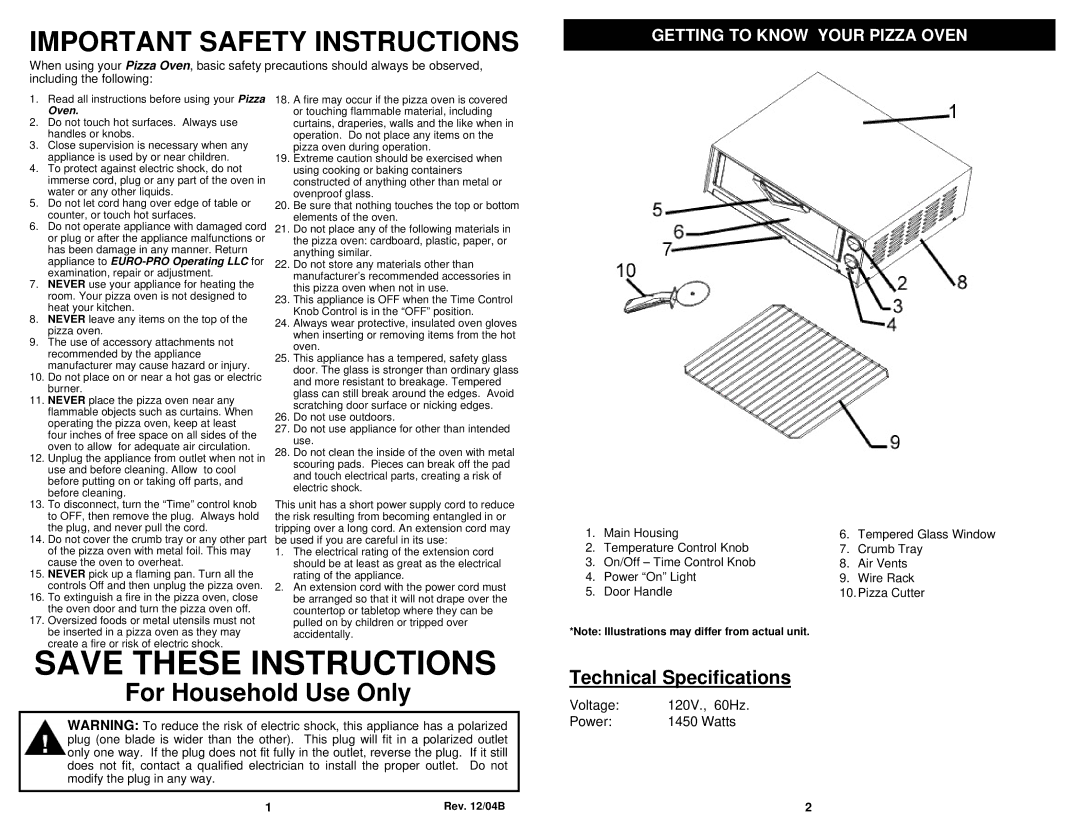 Euro-Pro TO297 owner manual Important Safety Instructions, Getting to Know Your Pizza Oven 