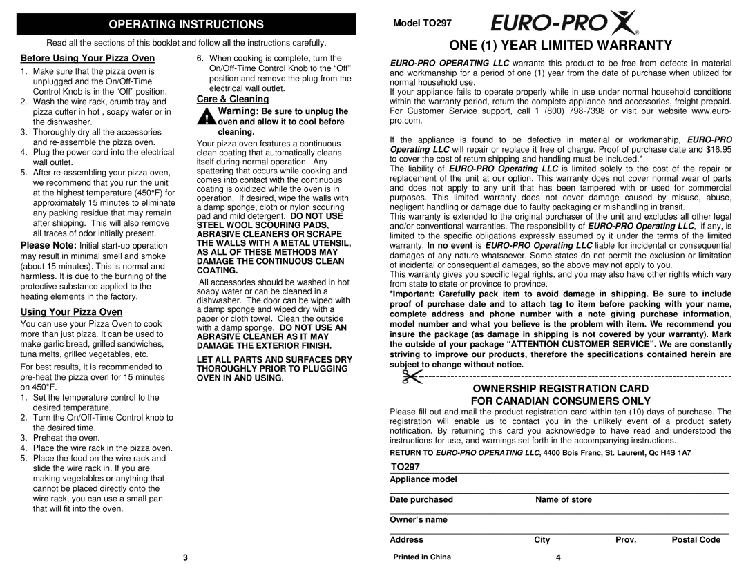 Euro-Pro TO297 owner manual Operating Instructions 