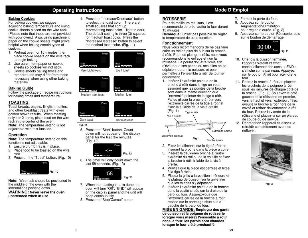 Euro-Pro TO31 owner manual Baking Guide, Toasting, Rôtisserie 