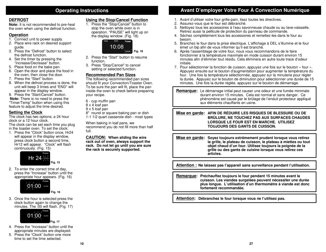 Euro-Pro TO31 owner manual Defrost, Setting the Clock, Using the Stop/Cancel Function, Recommended Pan Sizes 