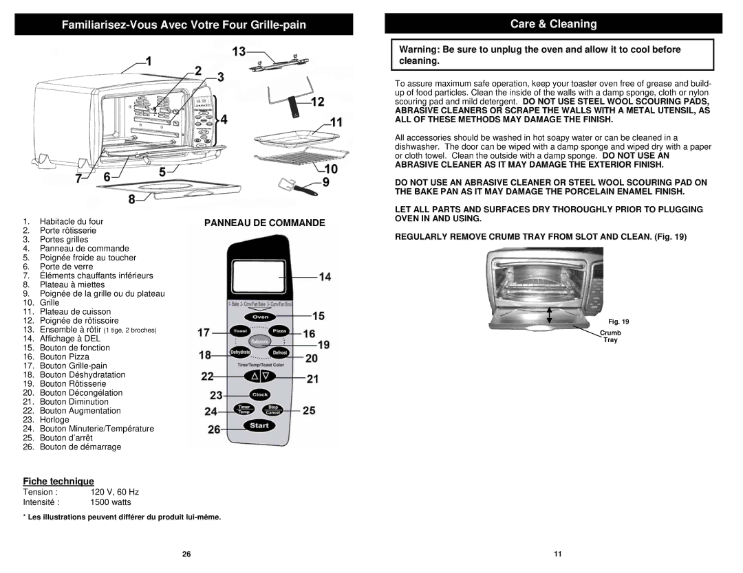 Euro-Pro TO31 Familiarisez-Vous Avec Votre Four Grille-pain, Care & Cleaning, Panneau DE Commande, Fiche technique 