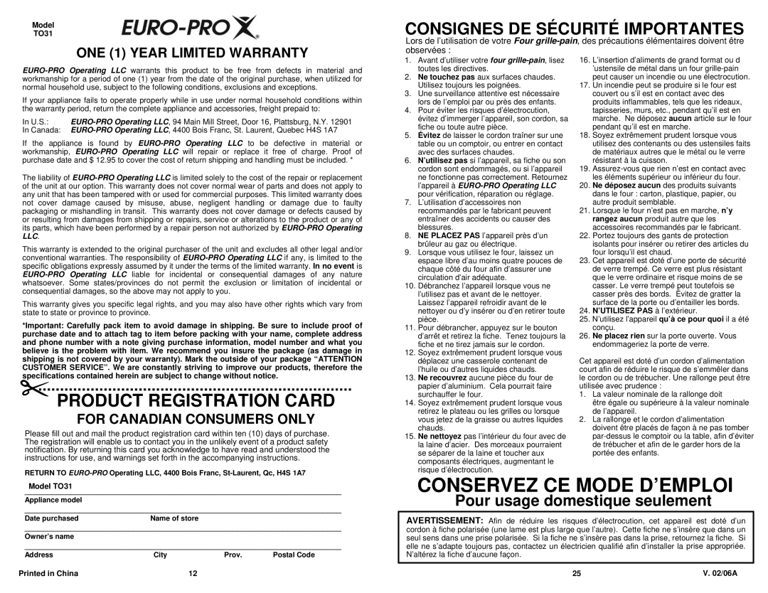 Euro-Pro TO31 owner manual Conservez CE Mode D’EMPLOI 