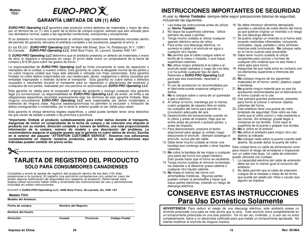 Euro-Pro TO31 owner manual Conserve Estas Instrucciones 