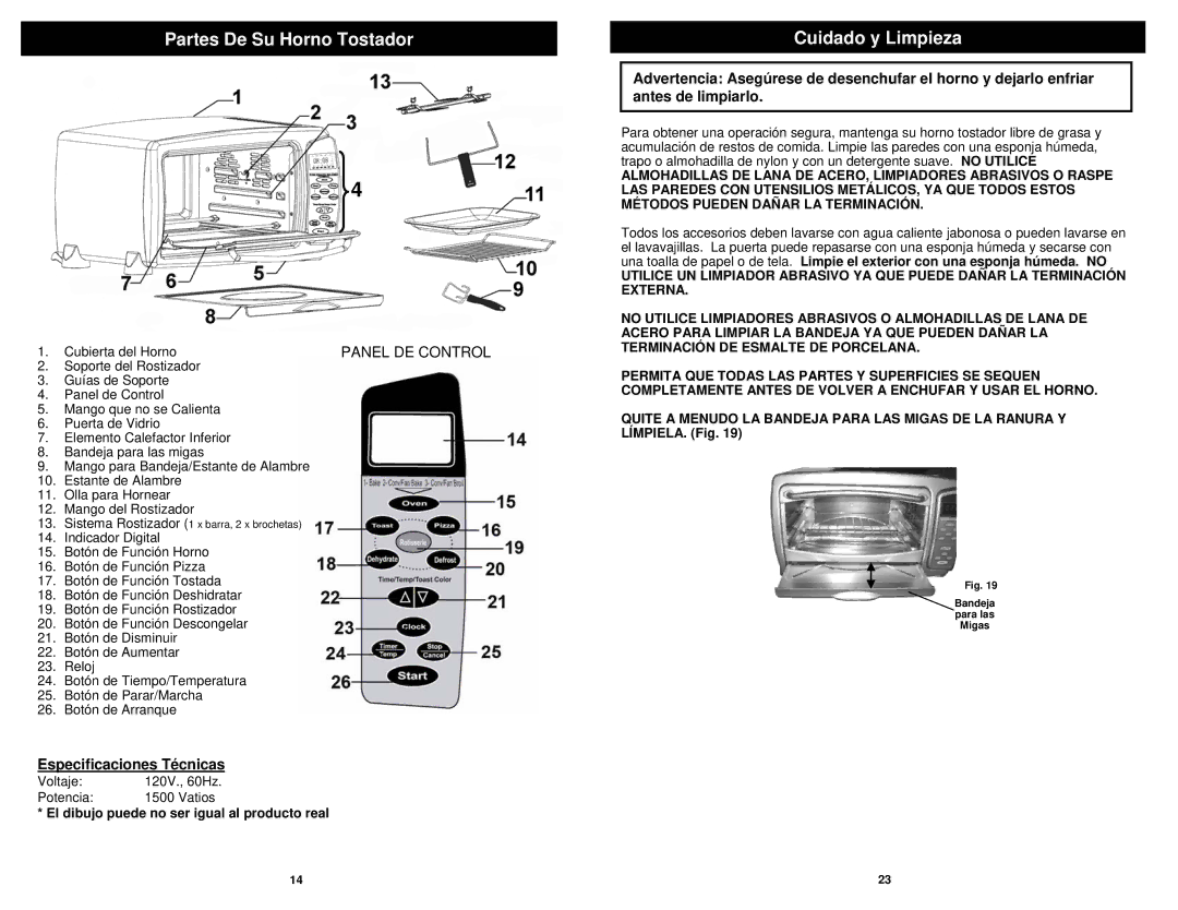 Euro-Pro TO31 owner manual Partes De Su Horno Tostador, Cuidado y Limpieza, Especificaciones Técnicas, Cubierta del Horno 