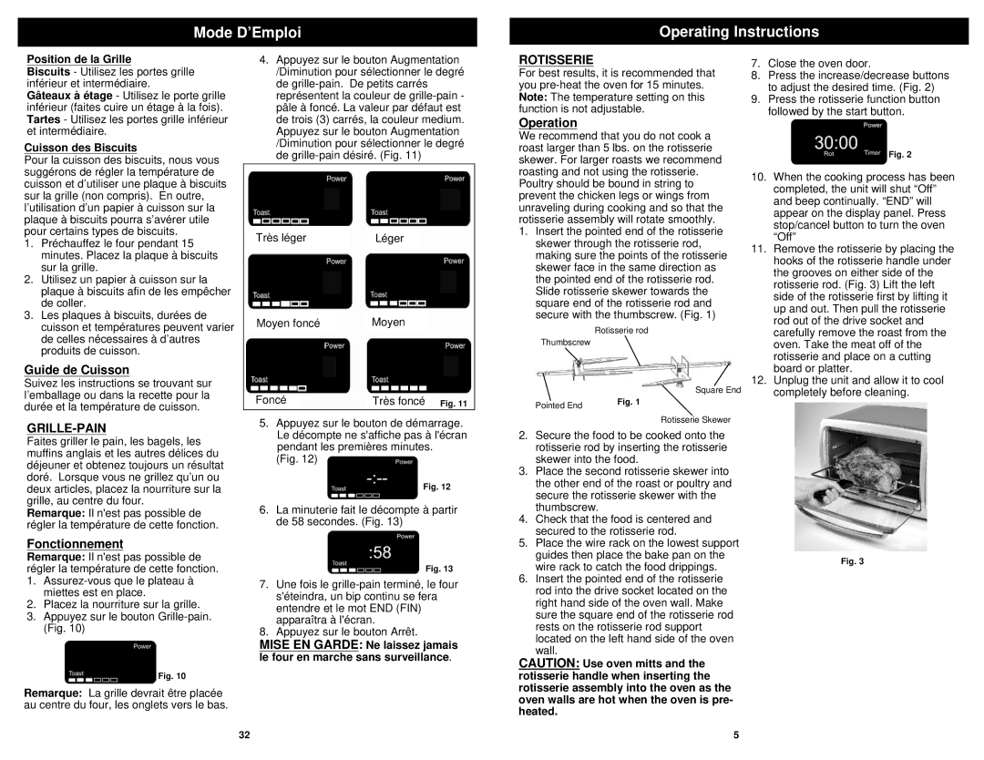 Euro-Pro TO31 owner manual Mode D’Emploi Operating Instructions, Guide de Cuisson, Grille-Pain, Rotisserie, Operation 