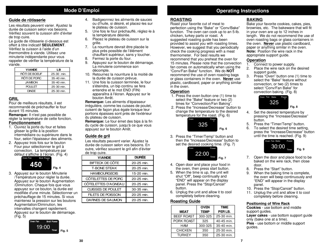 Euro-Pro TO31 owner manual Gril, Roasting, Baking 