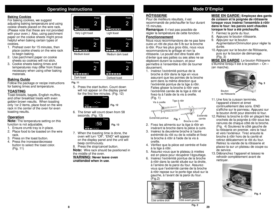 Euro-Pro TO31 owner manual Baking Guide, Toasting, Rôtisserie 