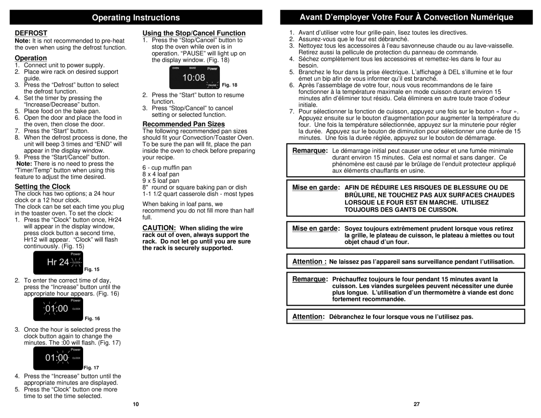 Euro-Pro TO31 owner manual Defrost, Setting the Clock, Using the Stop/Cancel Function, Recommended Pan Sizes 