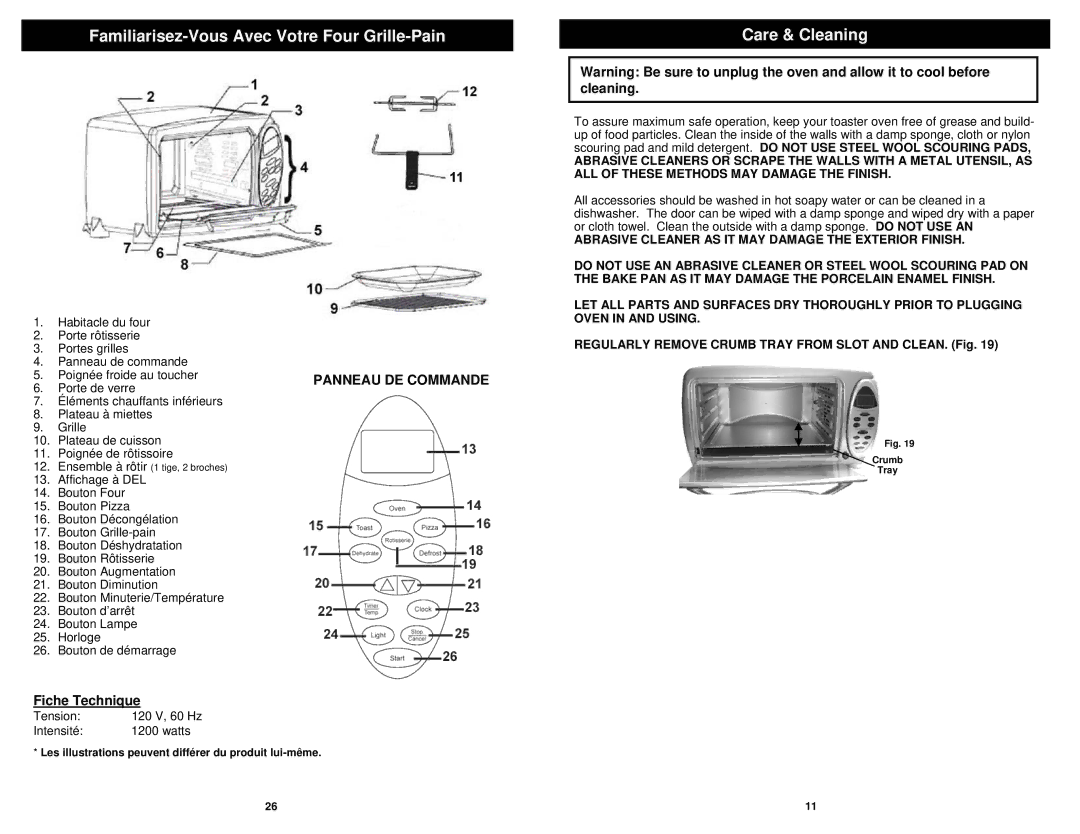 Euro-Pro TO31 Familiarisez-Vous Avec Votre Four Grille-Pain, Care & Cleaning, Panneau DE Commande, Fiche Technique 