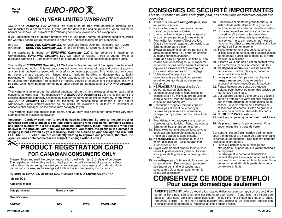 Euro-Pro TO31 owner manual Conservez CE Mode D’EMPLOI 