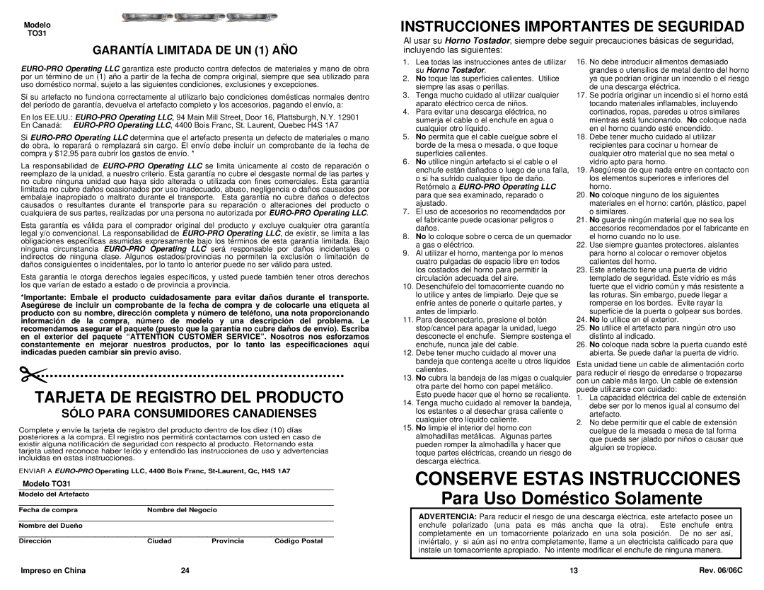 Euro-Pro TO31 owner manual Conserve Estas Instrucciones 