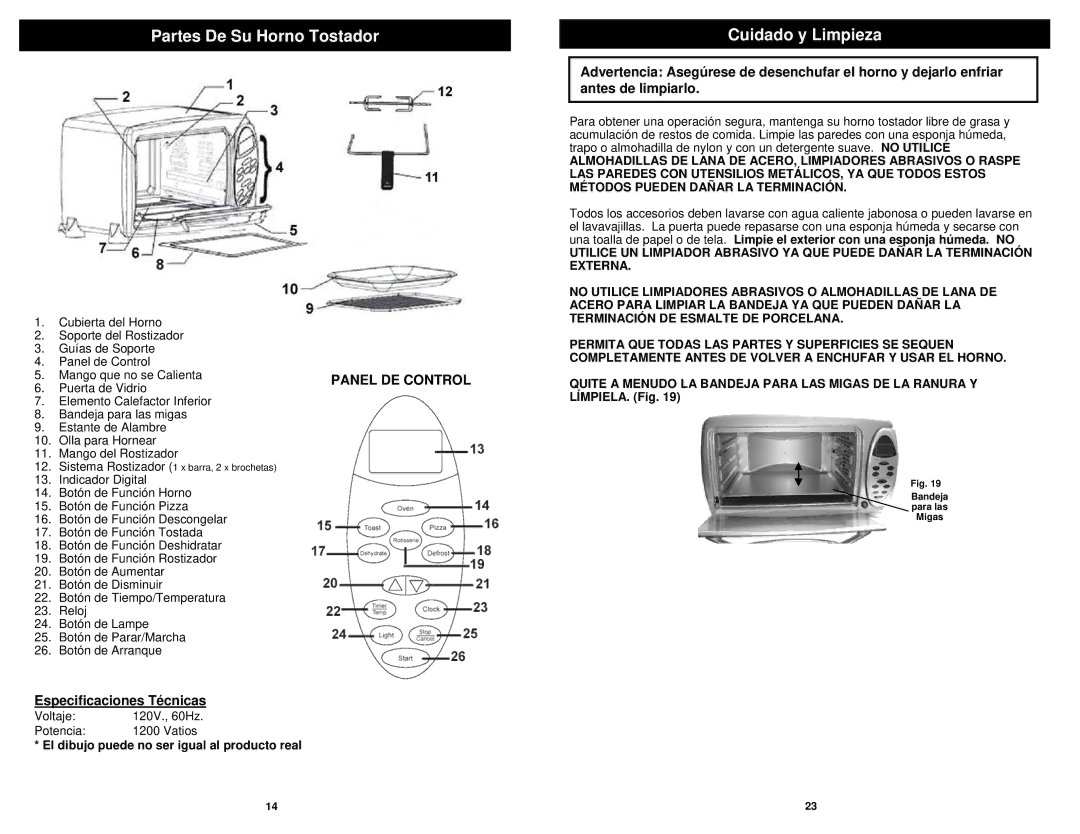 Euro-Pro TO31 owner manual Partes De Su Horno Tostador, Cuidado y Limpieza, Panel DE Control, Especificaciones Técnicas 