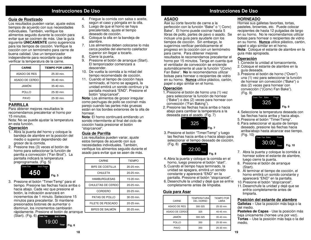 Euro-Pro TO31 owner manual Parrilla, Asado, Horneado 