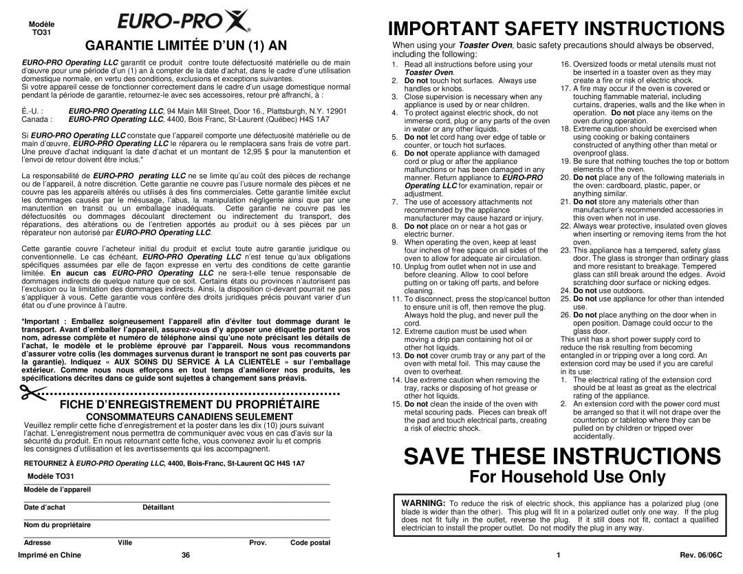 Euro-Pro TO31 owner manual Important Safety Instructions, Consommateurs Canadiens Seulement 